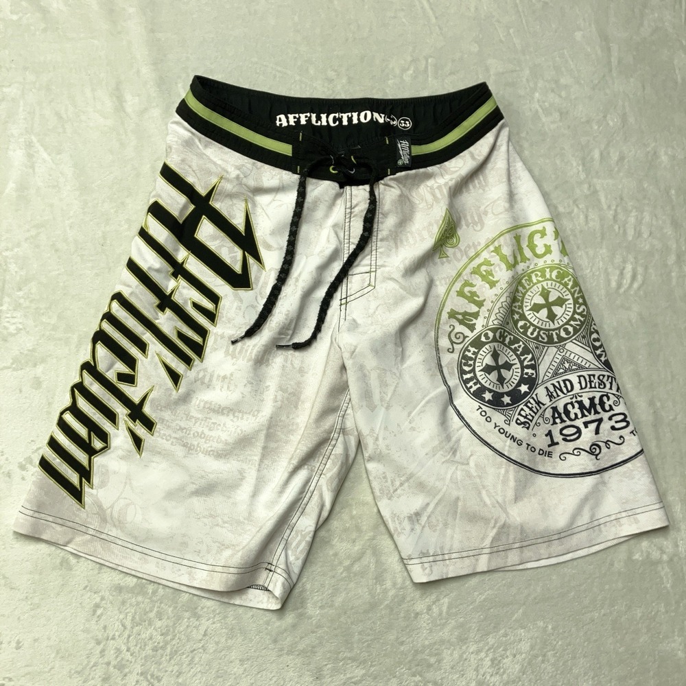 VTG Affliction Y2K Embroidered‎ Board Shorts Swim Trunks Spellout Mens 33
